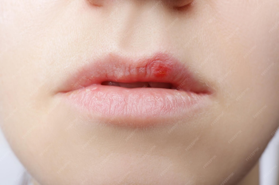 cold sore on lip closeup