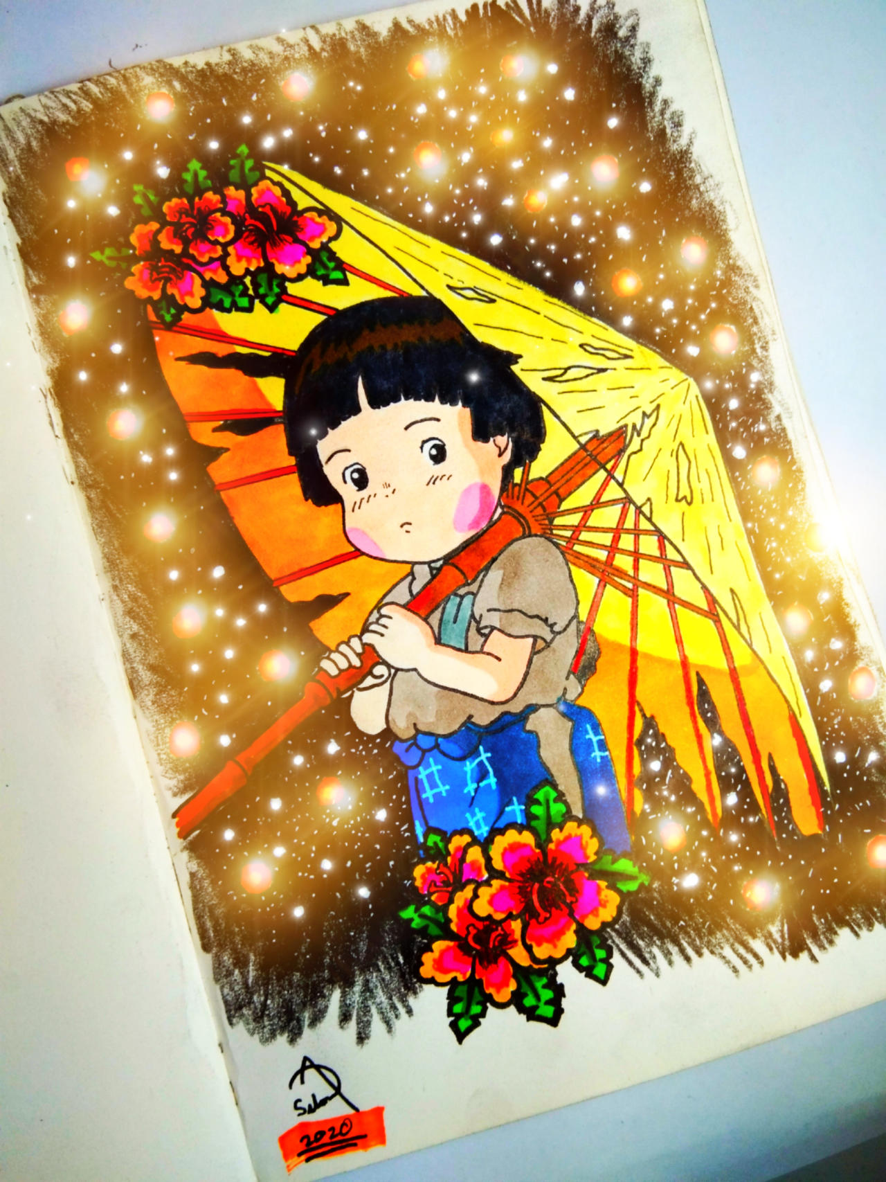 Setsuko drawing fireflies scene