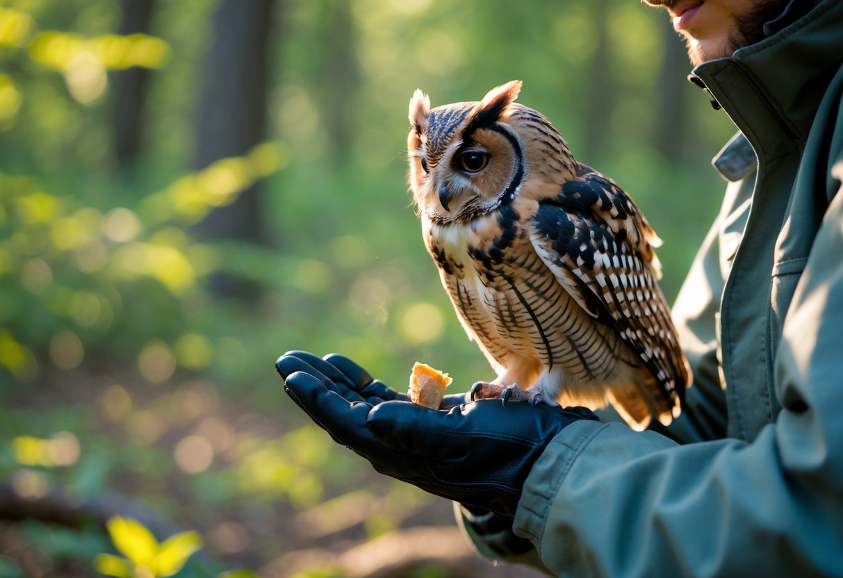 owl with gloved hand feeding