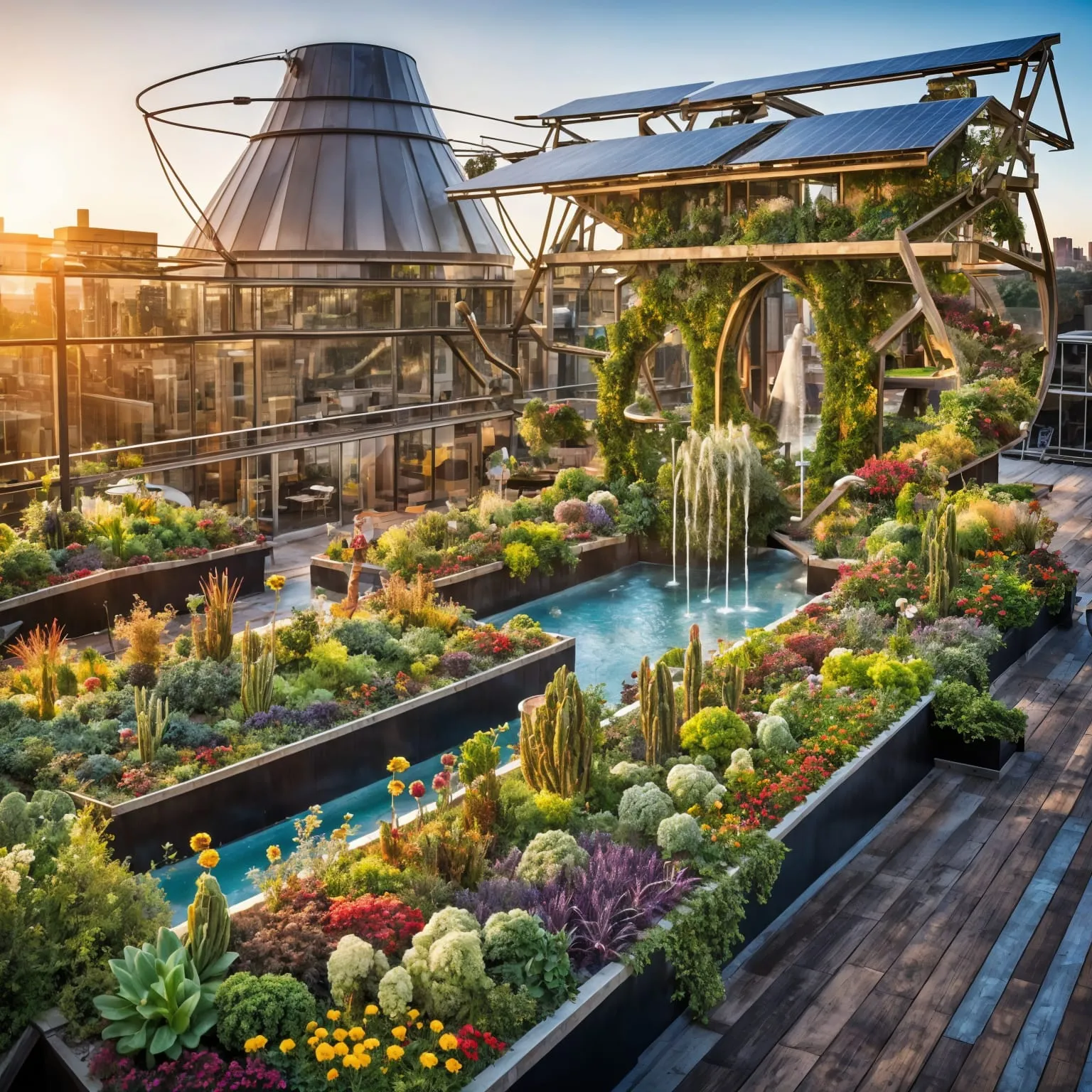 Solarpunk rooftop gardens solar panels